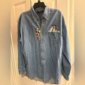 Women Denim Embroidered Snowman Christmas Granny Ugly